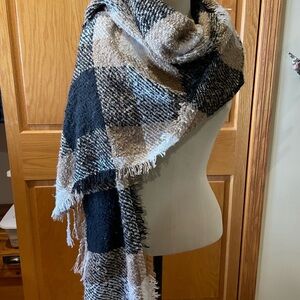 Oversized Plaid Blanket Scarf Wrap Black Tan